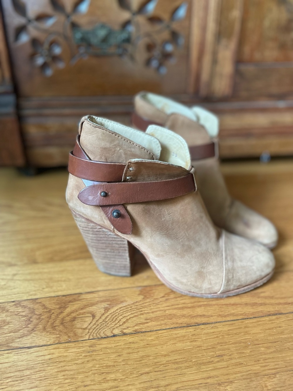 rag & bone Tan Suede Ankle Booties with Brown Leather Strap